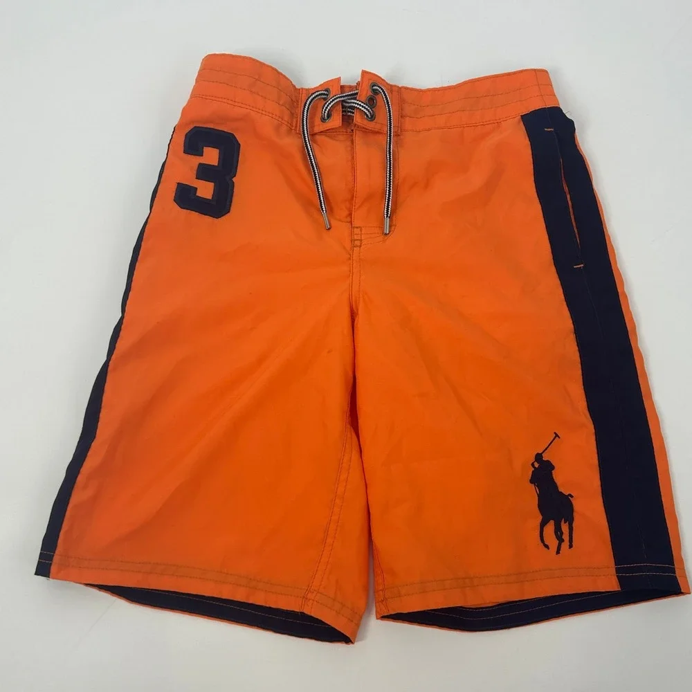 Polo Ralph Lauren Swim Trunks Kid's M Orange Mesh Lined Big Pony #3 Pool‎ Beach
